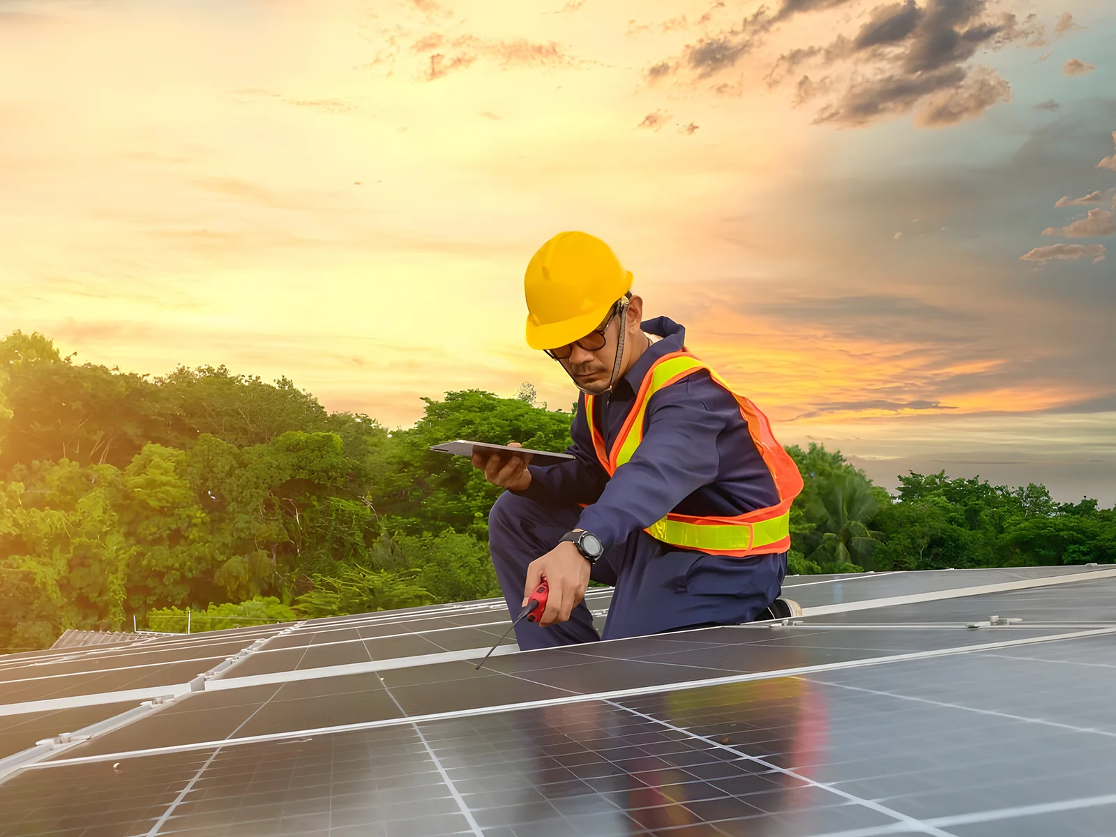 Technician inspecting solar panels