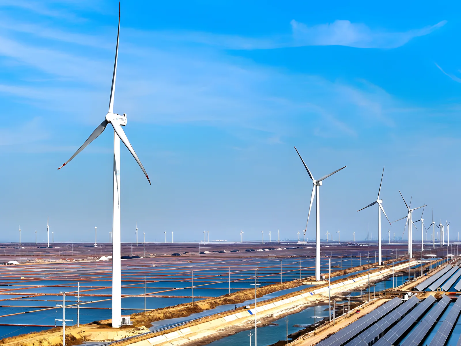 Wind turbines operating under a blue sky